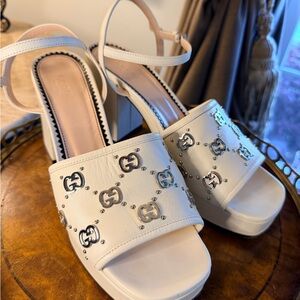 Gucci White Studded Platform Sandals with Interlocking G Hardware